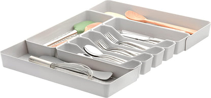 HEXA 5-Divider Expandable Silverware Tray (Stone Gray) - In-Drawer Organizer for Kitchen Accessories, Cutlery, Knives, & More / Easy-to-Clean Home & Apartment Essential