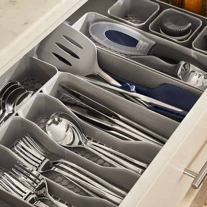 HEXA 5-Divider Expandable Silverware Tray (Stone Gray) - In-Drawer Organizer for Kitchen Accessories, Cutlery, Knives, & More / Easy-to-Clean Home & Apartment Essential