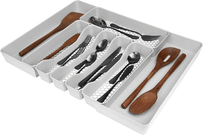 HEXA 5-Divider Expandable Silverware Tray (Stone Gray) - In-Drawer Organizer for Kitchen Accessories, Cutlery, Knives, & More / Easy-to-Clean Home & Apartment Essential