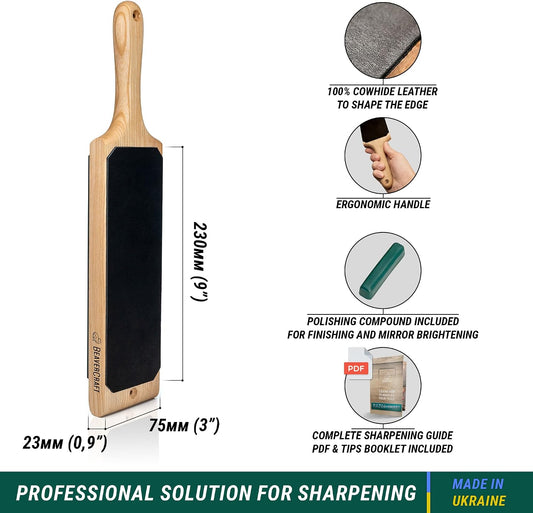 Leather Strop Kit for Knife Sharpening 15.2" - Leather Knife Strop with Polishing Compound - Stropping Kit Double Sided LS1P1, Razor Sharpener for Knives, Chisels - eBook Guide Included