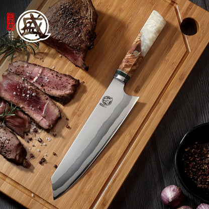 8-Inch Kiritsuke Chef Knife, 440C Damascus, White Handle