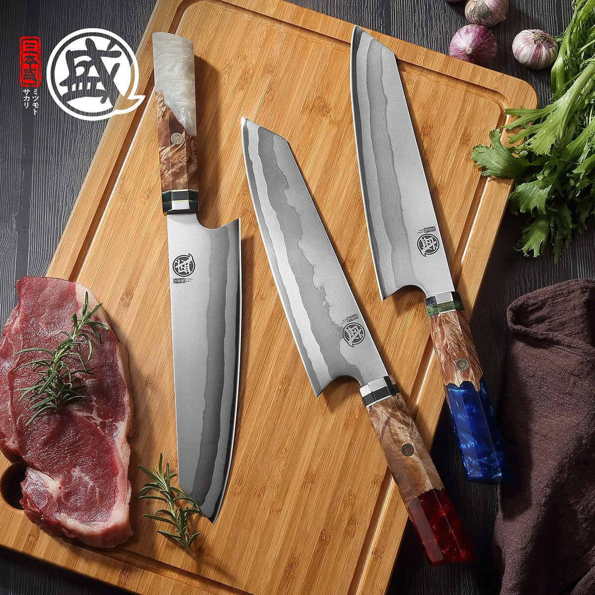 8-Inch Kiritsuke Chef Knife, 440C Damascus, White Handle