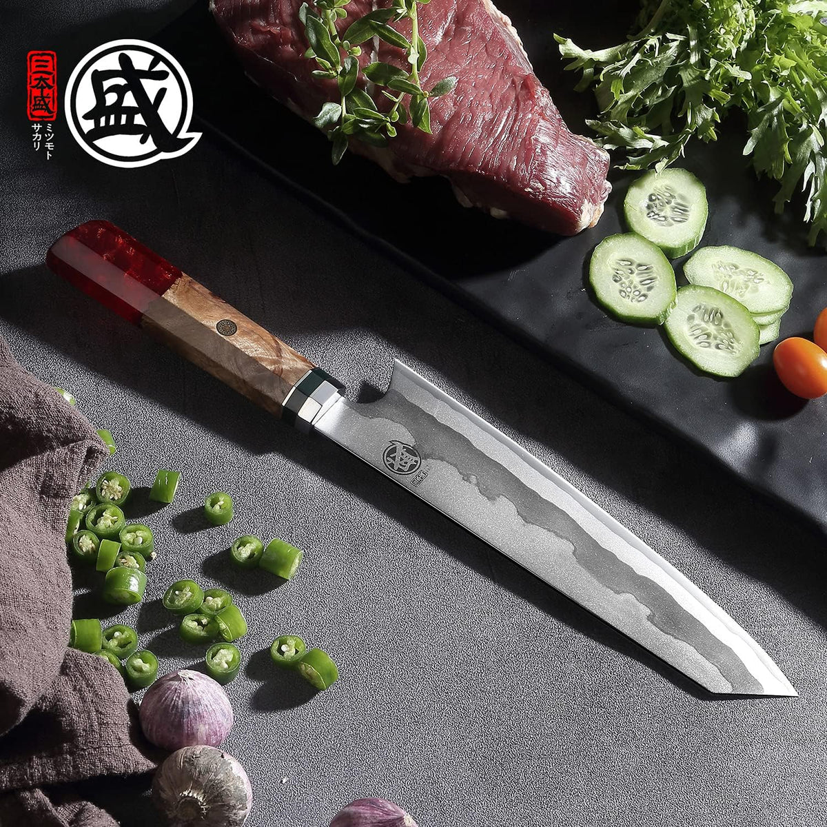 8-Inch Kiritsuke Chef Knife, 440C Damascus, White Handle