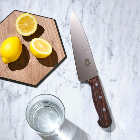 Wood 8 Inch Chef's Knife, Stainless Steel Slicing Knife | Swiss-made kitchen knife with an ergonomic rosewood handle and straight edge blade for precision cutting of all meats