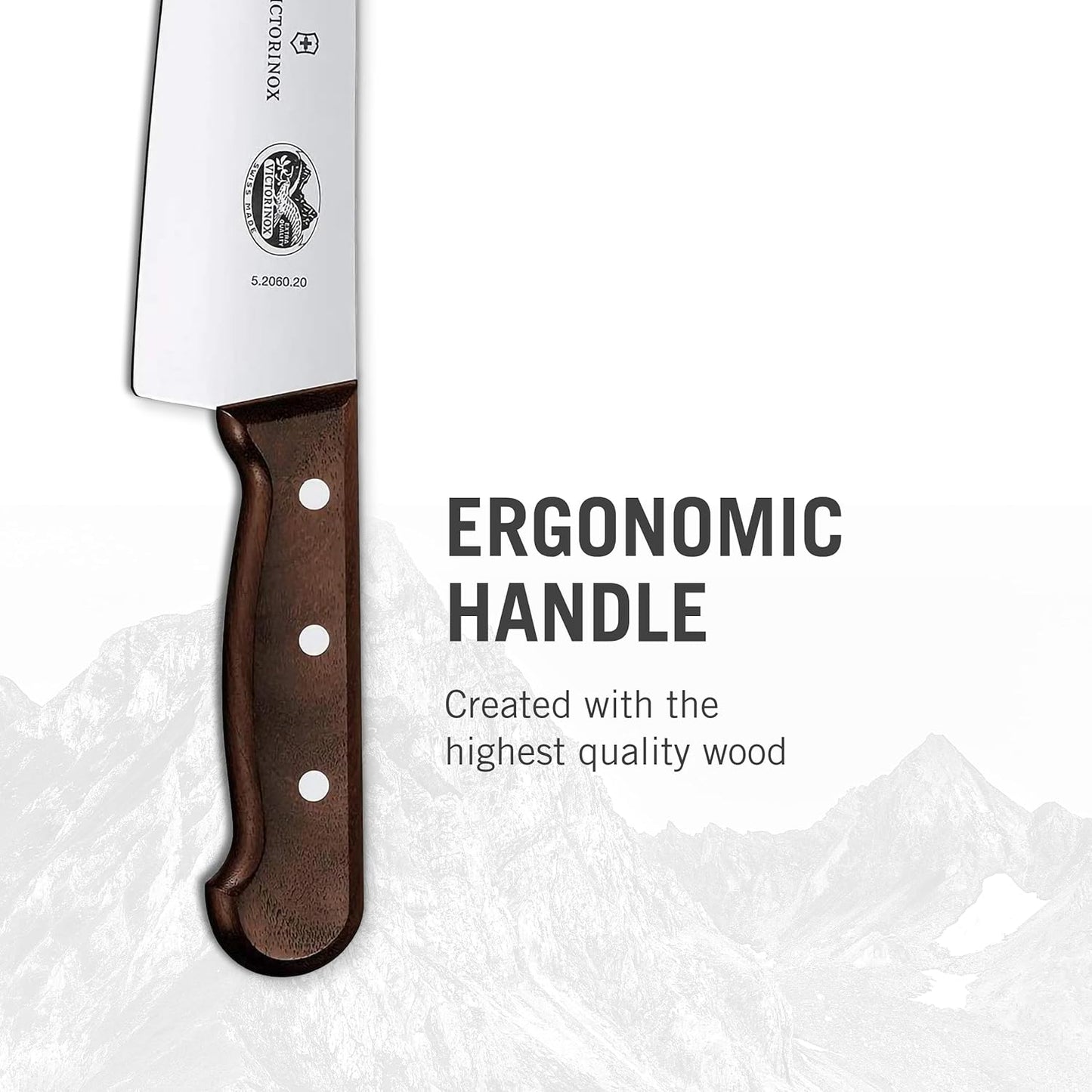 Wood 8 Inch Chef's Knife, Stainless Steel Slicing Knife | Swiss-made kitchen knife with an ergonomic rosewood handle and straight edge blade for precision cutting of all meats