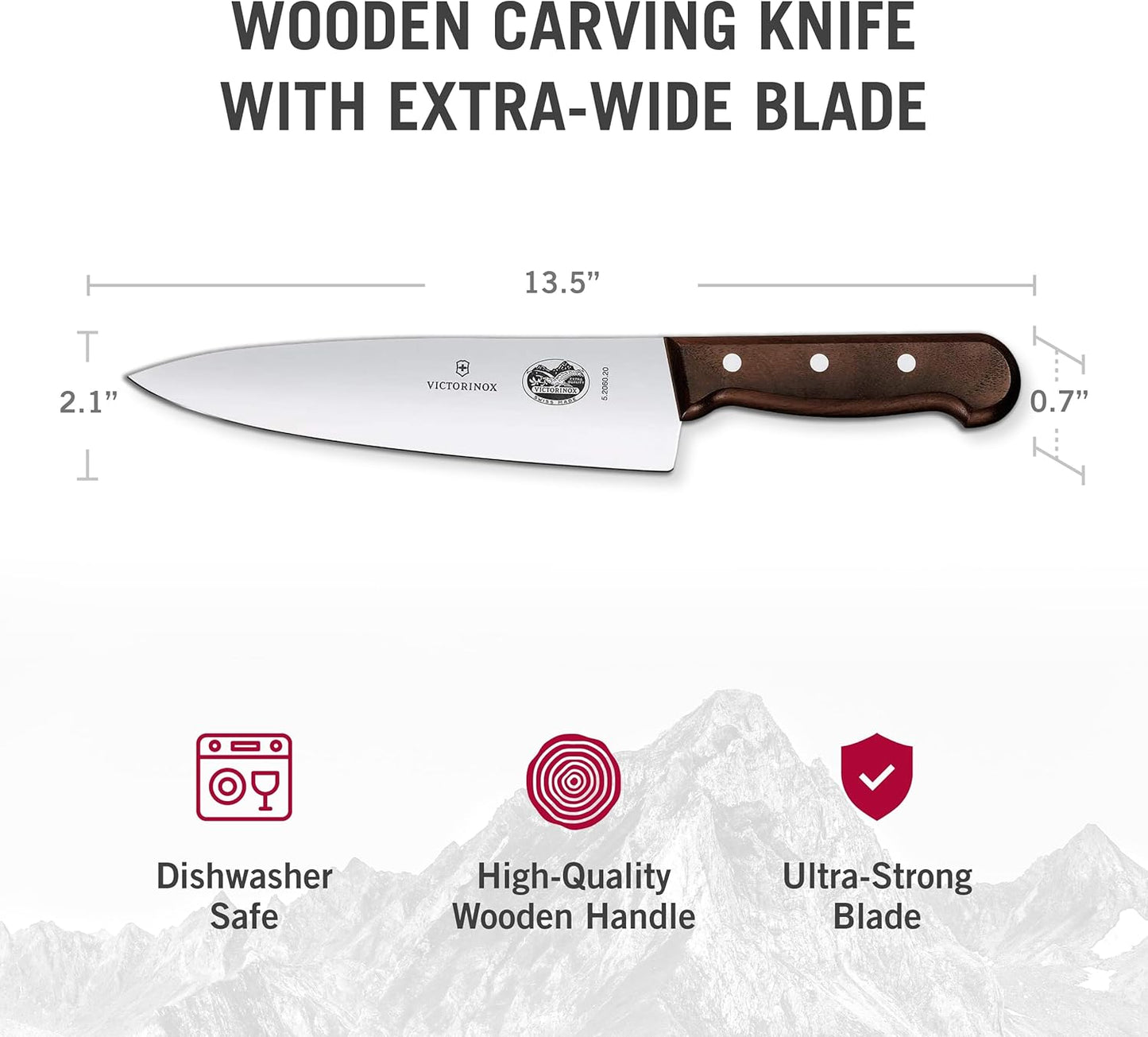 Wood 8 Inch Chef's Knife, Stainless Steel Slicing Knife | Swiss-made kitchen knife with an ergonomic rosewood handle and straight edge blade for precision cutting of all meats