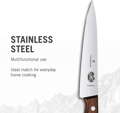 Wood 8 Inch Chef's Knife, Stainless Steel Slicing Knife | Swiss-made kitchen knife with an ergonomic rosewood handle and straight edge blade for precision cutting of all meats