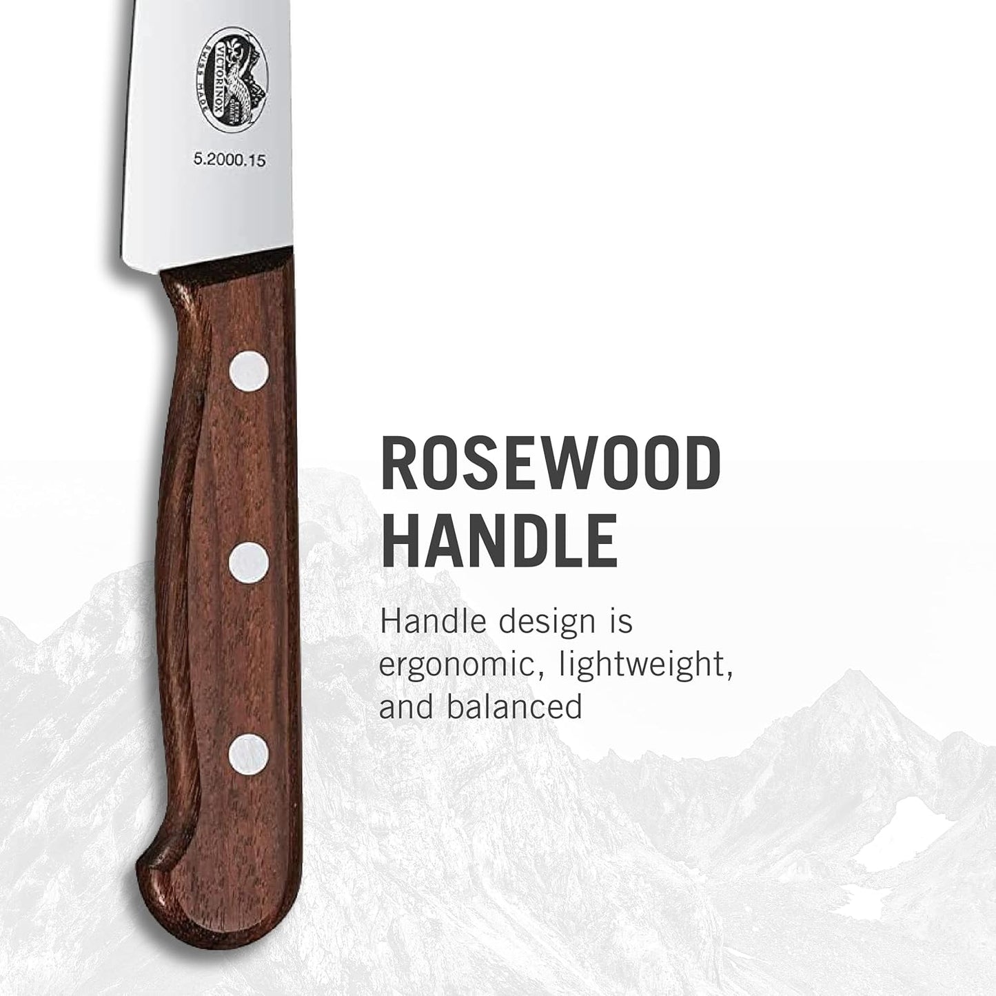 Wood 8 Inch Chef's Knife, Stainless Steel Slicing Knife | Swiss-made kitchen knife with an ergonomic rosewood handle and straight edge blade for precision cutting of all meats