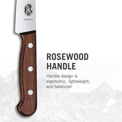 Wood 8 Inch Chef's Knife, Stainless Steel Slicing Knife | Swiss-made kitchen knife with an ergonomic rosewood handle and straight edge blade for precision cutting of all meats