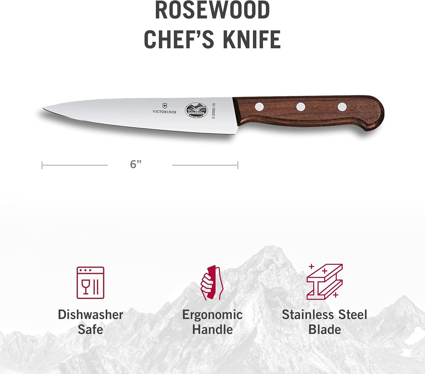 Wood 8 Inch Chef's Knife, Stainless Steel Slicing Knife | Swiss-made kitchen knife with an ergonomic rosewood handle and straight edge blade for precision cutting of all meats
