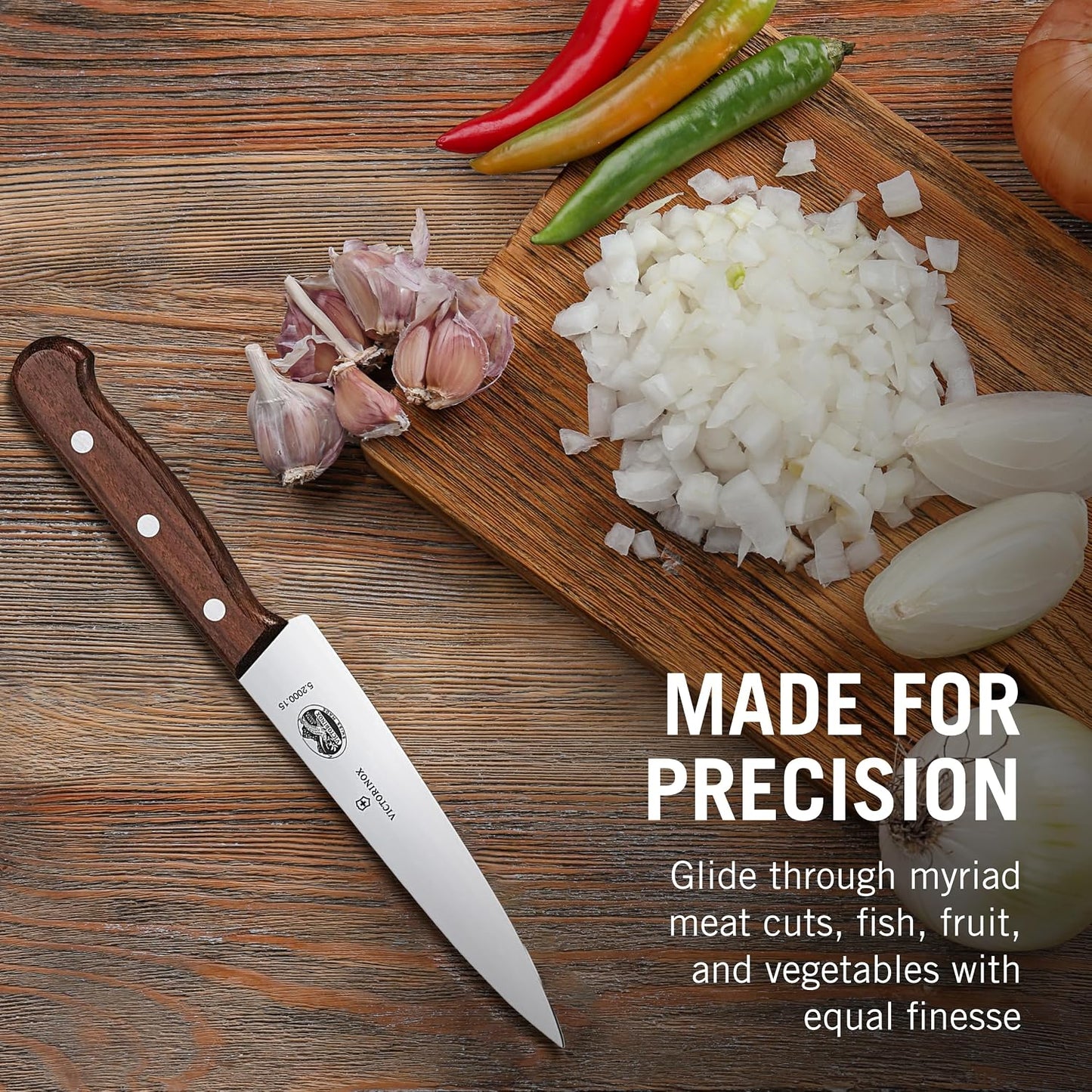 Wood 8 Inch Chef's Knife, Stainless Steel Slicing Knife | Swiss-made kitchen knife with an ergonomic rosewood handle and straight edge blade for precision cutting of all meats