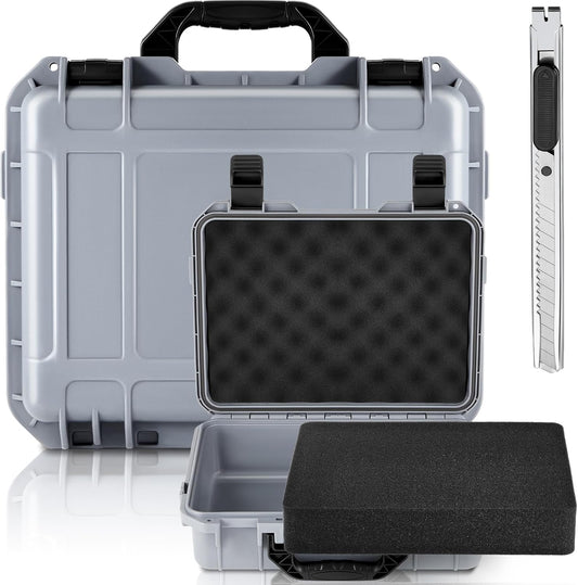 1 Pcs Waterproof Hard Case with DIY Customizable Foam Insert Portable Protective Case with Knife for Camera Drones Equipments Tools Test Instruments(Gray,14.3 x 11.4 x 4.5 Inch)