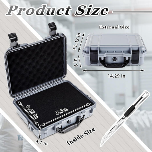 1 Pcs Waterproof Hard Case with DIY Customizable Foam Insert Portable Protective Case with Knife for Camera Drones Equipments Tools Test Instruments(Gray,14.3 x 11.4 x 4.5 Inch)