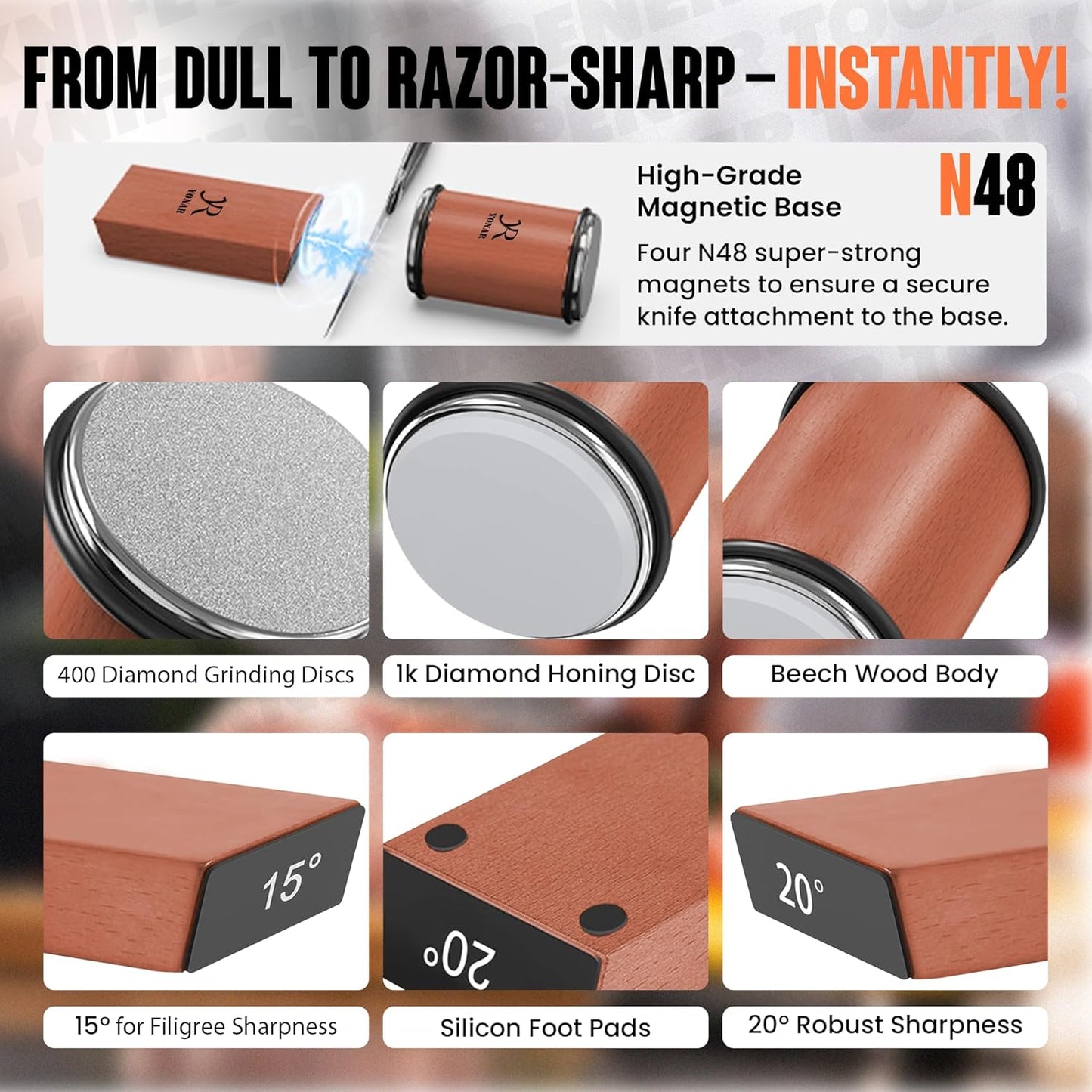 Rolling Knife Sharpener - Faster Sharp Edge with 2 Diamond Stone Discs 1000 & 400 Grit for Steel - 15° & 20° Magnetic Angles Support - Knife Sharpening Made Easy - Kitchen Gadgets & Gifts