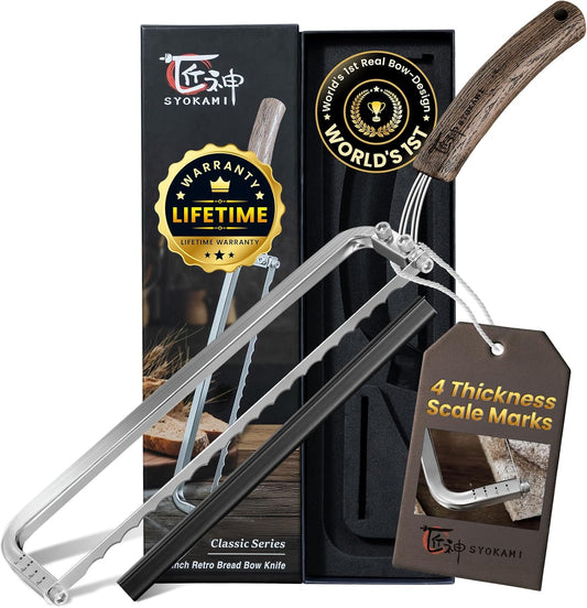 2026 Upgrade Bread Knife for Homemade Bread, World's 1st Real Bow-Design Sourdough Bread Slicer, Razor-Sharp Cutter for Crusty Sourdough & Baguette, 4 Thickness Scale Marks, Ideal for Gift