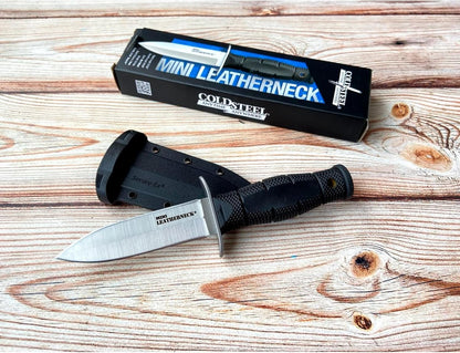 Cold Steel Mini Leatherneck Double Edge Spear Point Compact Lightweight 3.5" 8CR13MOV Steel Fixed Blade Outdoor Hunting Utility Knife, 3.25" Textured Ergonomic Kray-Ex Handle, Secure-Ex Sheath
