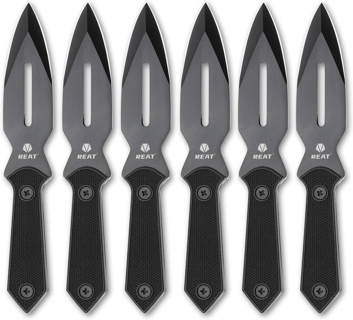 REAT Throwing Knives - 6 Piece, 7.5" 440 Stainless Steel with No-Slip Handle, Includes Nylon Carrying Case for Safe Storage, Ninja Kunai Knife for Competition, Training, Recreation (Black)