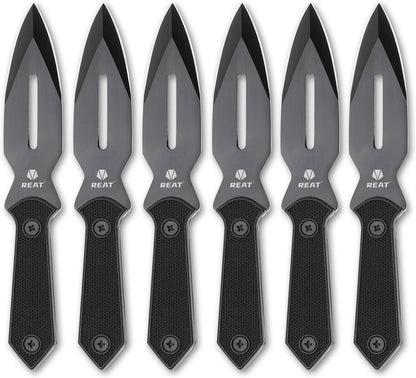 REAT Throwing Knives - 6 Piece, 7.5" 440 Stainless Steel with No-Slip Handle, Includes Nylon Carrying Case for Safe Storage, Ninja Kunai Knife for Competition, Training, Recreation (Black)