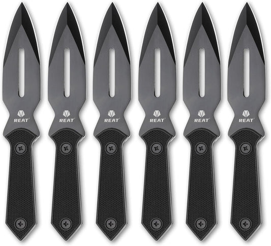 REAT Throwing Knives - 6 Piece, 7.5" 440 Stainless Steel with No-Slip Handle, Includes Nylon Carrying Case for Safe Storage, Ninja Kunai Knife for Competition, Training, Recreation (Black)