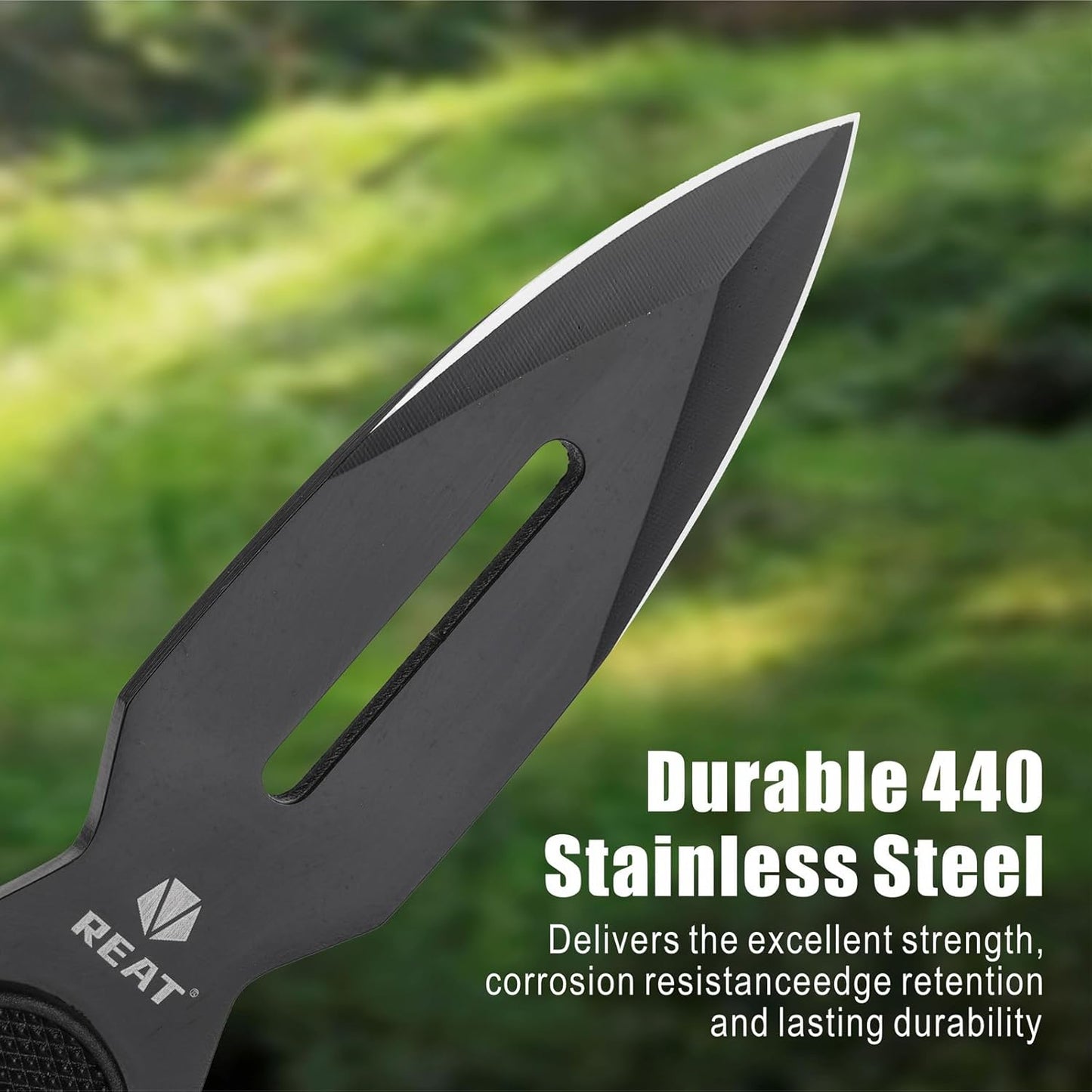 REAT Throwing Knives - 6 Piece, 7.5" 440 Stainless Steel with No-Slip Handle, Includes Nylon Carrying Case for Safe Storage, Ninja Kunai Knife for Competition, Training, Recreation (Black)