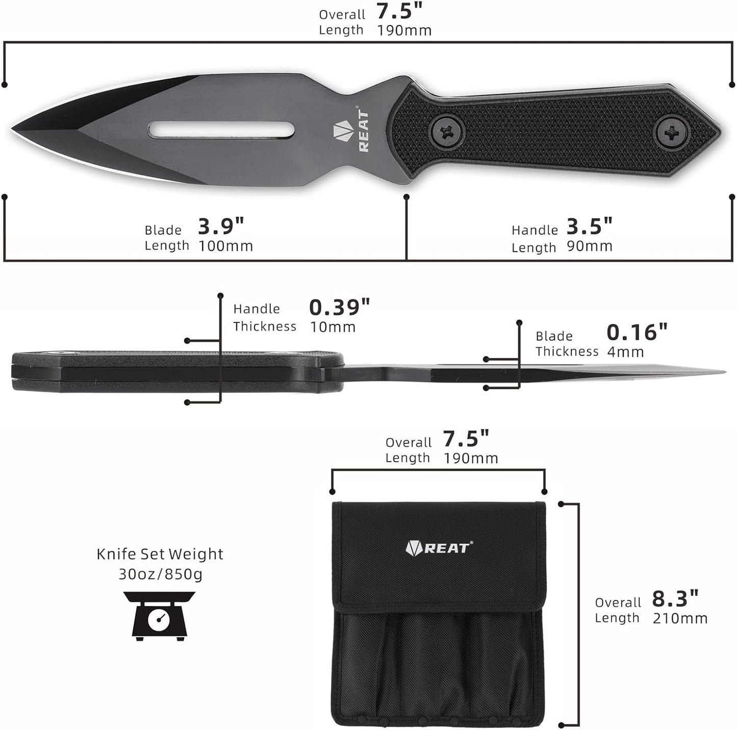 REAT Throwing Knives - 6 Piece, 7.5" 440 Stainless Steel with No-Slip Handle, Includes Nylon Carrying Case for Safe Storage, Ninja Kunai Knife for Competition, Training, Recreation (Black)
