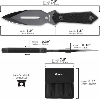 REAT Throwing Knives - 6 Piece, 7.5" 440 Stainless Steel with No-Slip Handle, Includes Nylon Carrying Case for Safe Storage, Ninja Kunai Knife for Competition, Training, Recreation (Black)