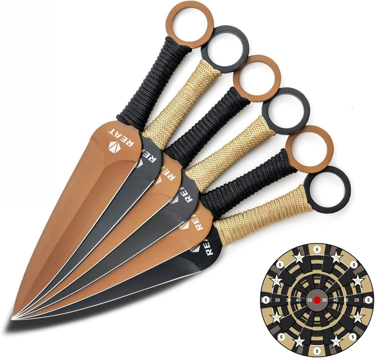 REAT Throwing Knives - 6 Piece, 7.5" 440 Stainless Steel with No-Slip Handle, Includes Nylon Carrying Case for Safe Storage, Ninja Kunai Knife for Competition, Training, Recreation (Black)