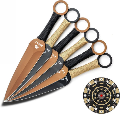 REAT Throwing Knives - 6 Piece, 7.5" 440 Stainless Steel with No-Slip Handle, Includes Nylon Carrying Case for Safe Storage, Ninja Kunai Knife for Competition, Training, Recreation (Black)