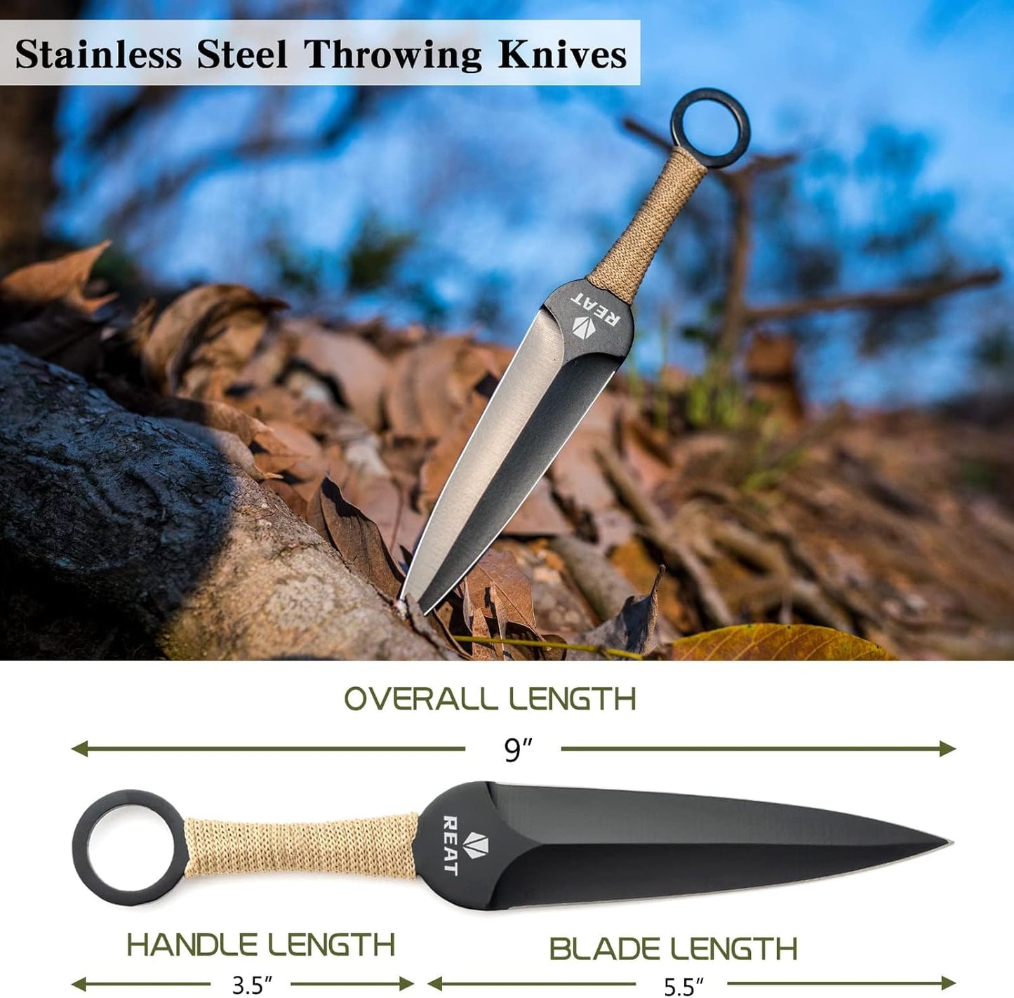 REAT Throwing Knives - 6 Piece, 7.5" 440 Stainless Steel with No-Slip Handle, Includes Nylon Carrying Case for Safe Storage, Ninja Kunai Knife for Competition, Training, Recreation (Black)