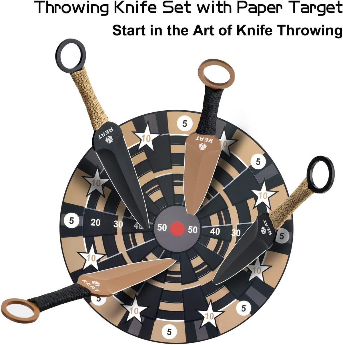 REAT Throwing Knives - 6 Piece, 7.5" 440 Stainless Steel with No-Slip Handle, Includes Nylon Carrying Case for Safe Storage, Ninja Kunai Knife for Competition, Training, Recreation (Black)