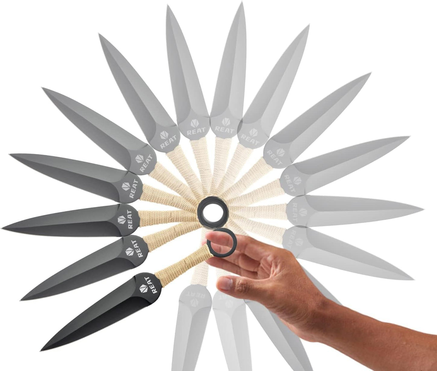 REAT Throwing Knives - 6 Piece, 7.5" 440 Stainless Steel with No-Slip Handle, Includes Nylon Carrying Case for Safe Storage, Ninja Kunai Knife for Competition, Training, Recreation (Black)