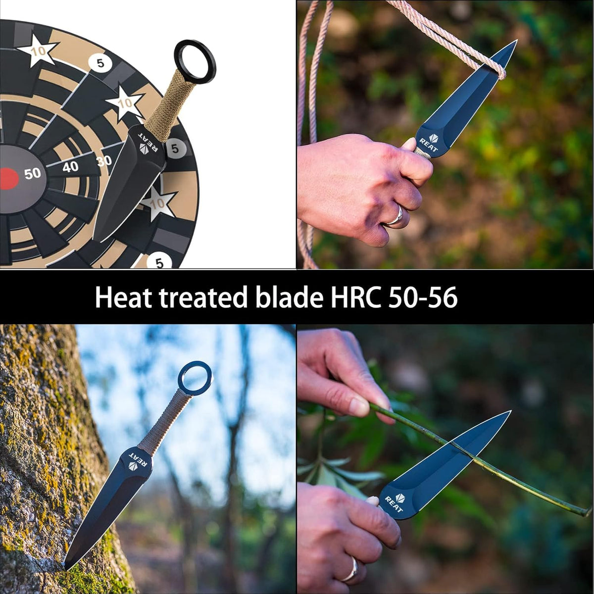 REAT Throwing Knives - 6 Piece, 7.5" 440 Stainless Steel with No-Slip Handle, Includes Nylon Carrying Case for Safe Storage, Ninja Kunai Knife for Competition, Training, Recreation (Black)