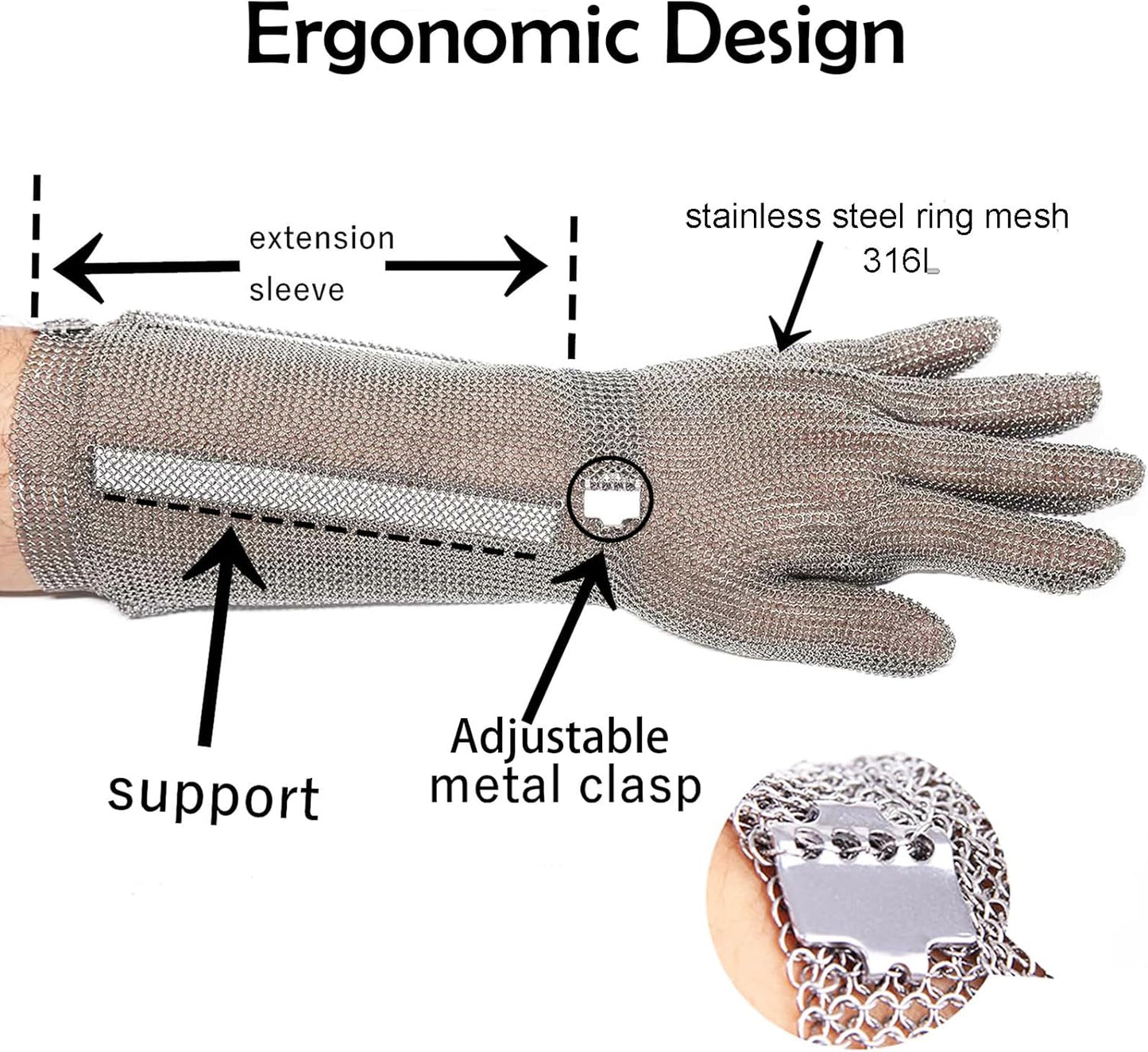 15cm Long Chainmail Glove for Butcher, Finger Protective Safety Work Glove, Cut Resistant Glove Food Grade,316L Stainless Steel Metal Mesh Gloves with Metal Craw (L)