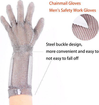 15cm Long Chainmail Glove for Butcher, Finger Protective Safety Work Glove, Cut Resistant Glove Food Grade,316L Stainless Steel Metal Mesh Gloves with Metal Craw (L)
