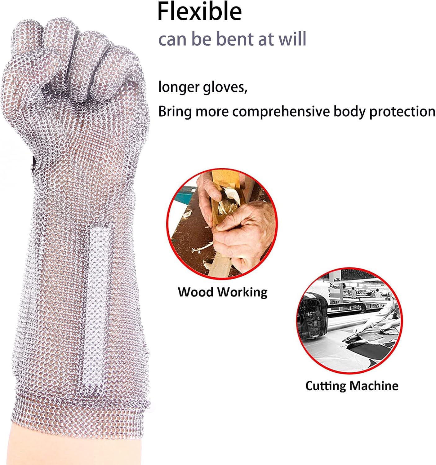 15cm Long Chainmail Glove for Butcher, Finger Protective Safety Work Glove, Cut Resistant Glove Food Grade,316L Stainless Steel Metal Mesh Gloves with Metal Craw (L)