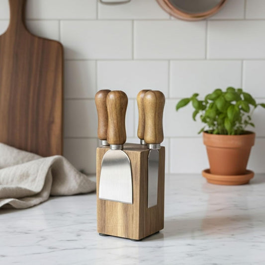French Culinary Institute Premium Cheese Knife Set with Magnetic Block, Natural Acacia Wood & Stainless Steel