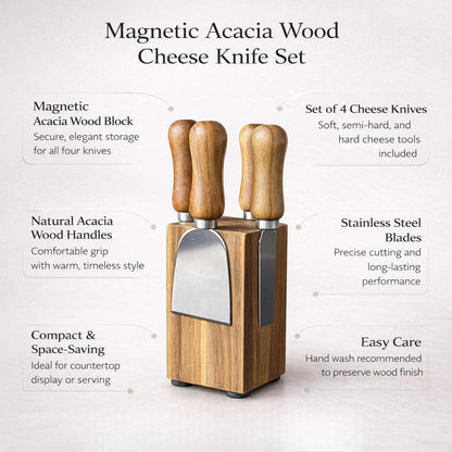 French Culinary Institute Premium Cheese Knife Set with Magnetic Block, Natural Acacia Wood & Stainless Steel