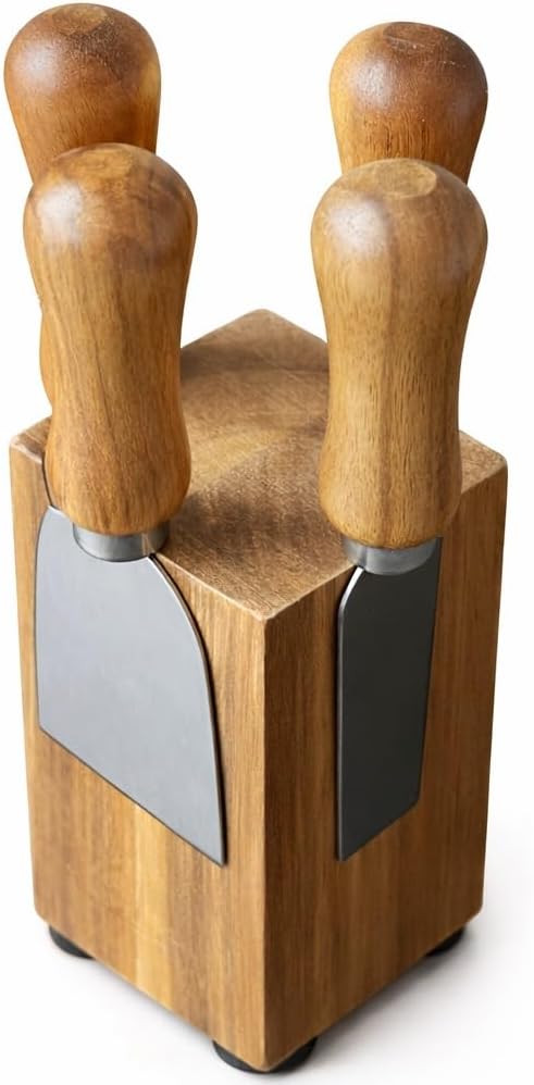 French Culinary Institute Premium Cheese Knife Set with Magnetic Block, Natural Acacia Wood & Stainless Steel