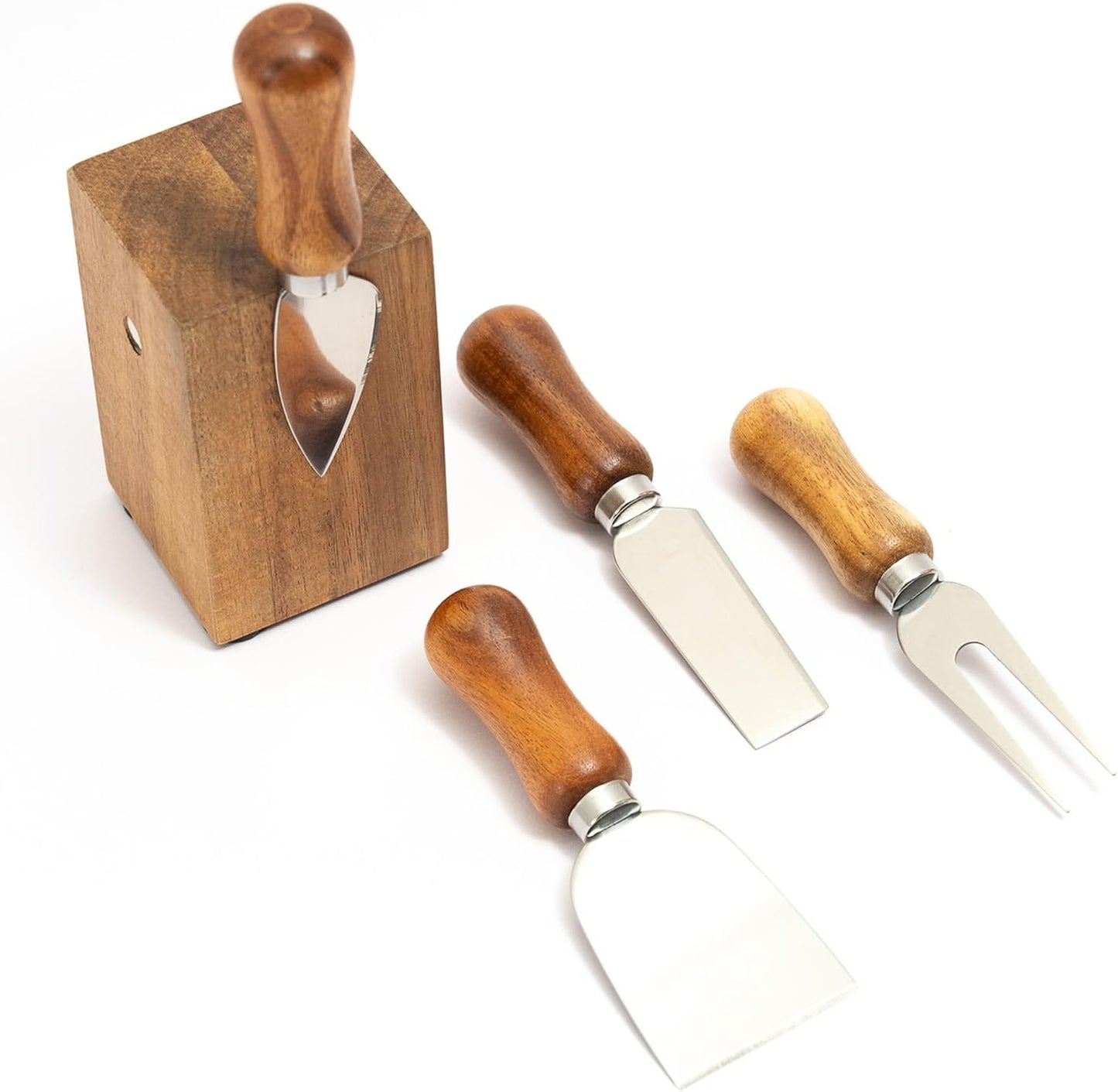 French Culinary Institute Premium Cheese Knife Set with Magnetic Block, Natural Acacia Wood & Stainless Steel