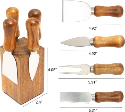 French Culinary Institute Premium Cheese Knife Set with Magnetic Block, Natural Acacia Wood & Stainless Steel