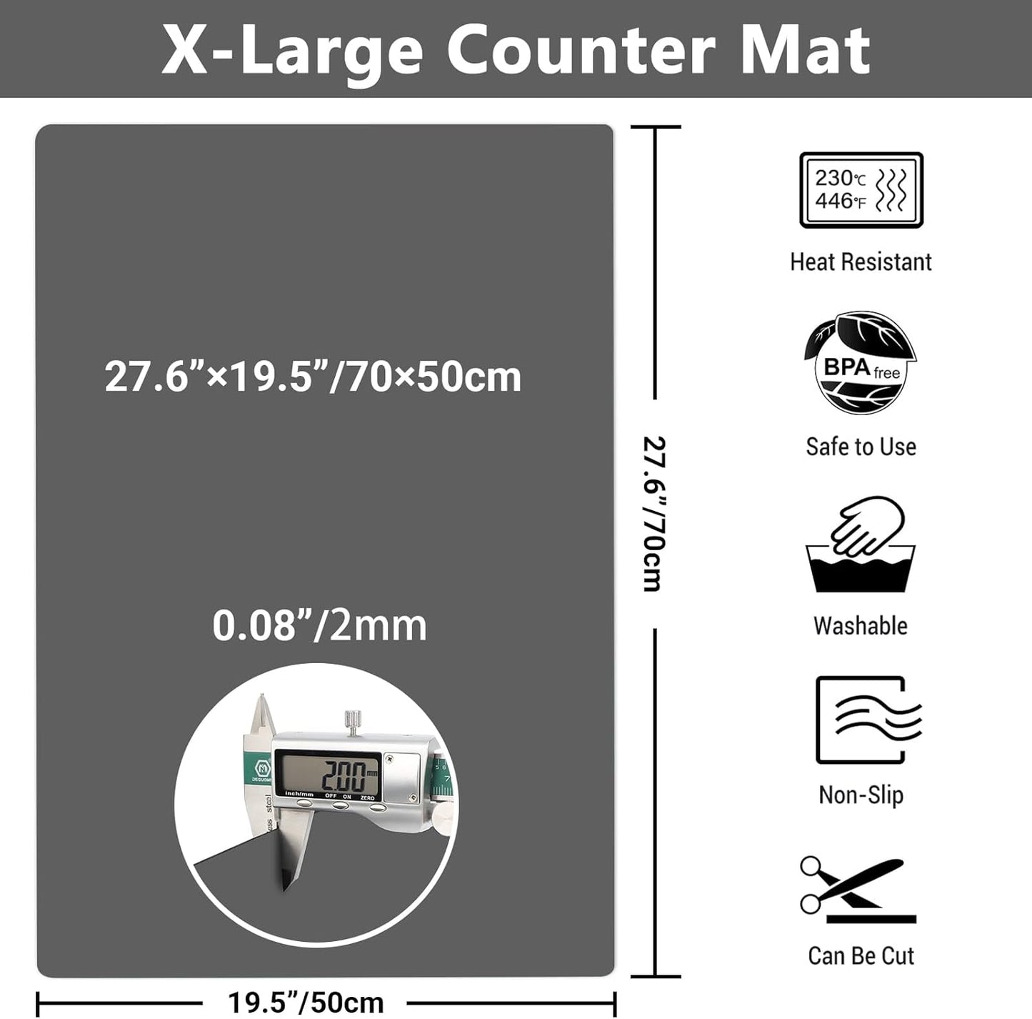 35.6x23.5 Inch Extra Large Silicone Mats for Kitchen Counter, 2MM Thick Heat Resistant Coffee Mat Bar Mat, Glass Top Stove Cover Countertop Protector for Air Fryer, Baking, Crafts, Black