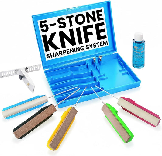 GATCO Edgemate Professional Knife Sharpening Kit – 5-Stone Guided Sharpener System for Kitchen, Hunting & Pocket Knives | Precision Angle Clamp, Honing Oil & Case | Manual Sharpening Set for Field Use