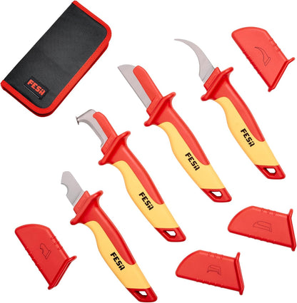4-Piece Insulated Dismantling Cable Knife Set | for Cable & Wire Dismantling, Stripping & Skinning - With a Compact Zippered Storage Case