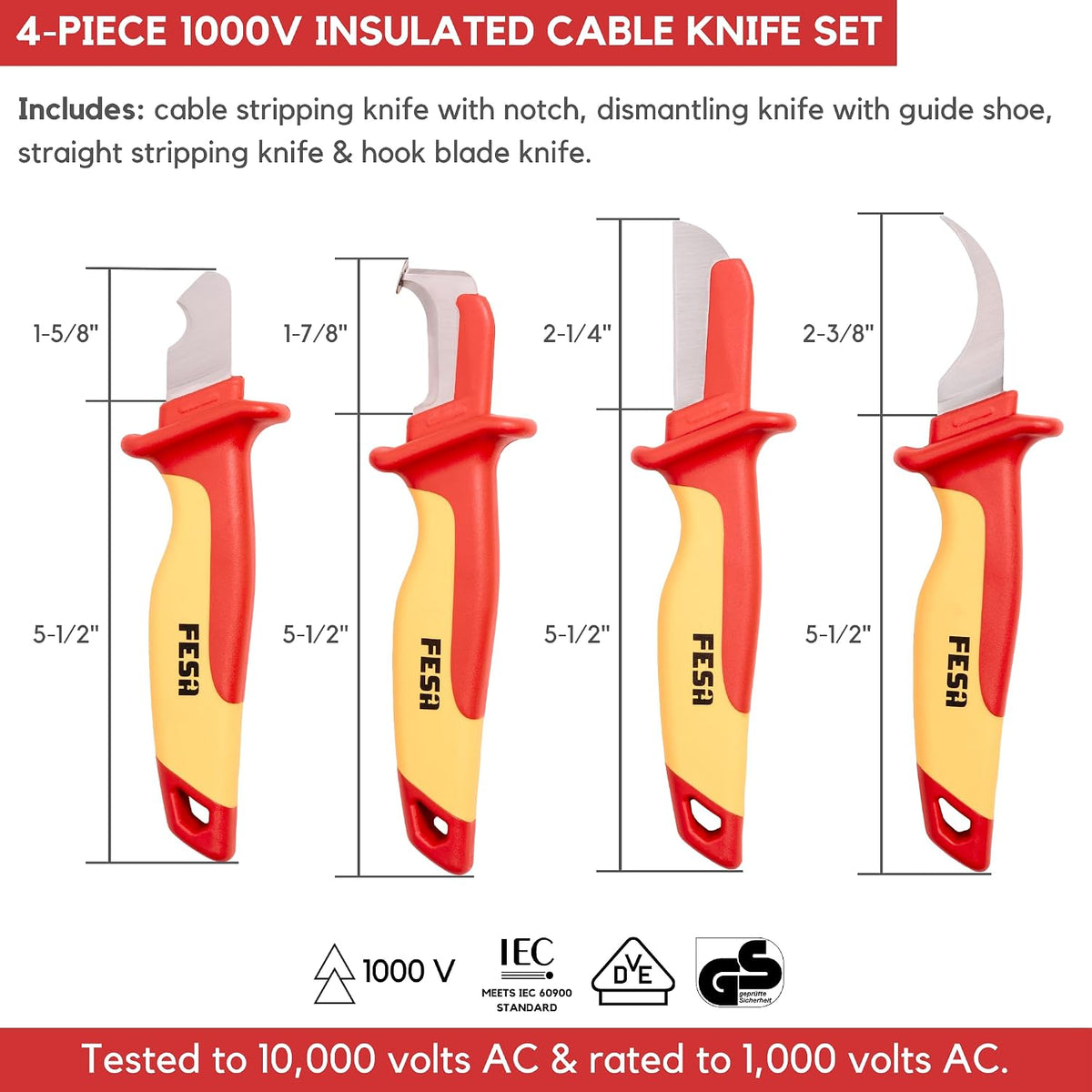4-Piece Insulated Dismantling Cable Knife Set | for Cable & Wire Dismantling, Stripping & Skinning - With a Compact Zippered Storage Case