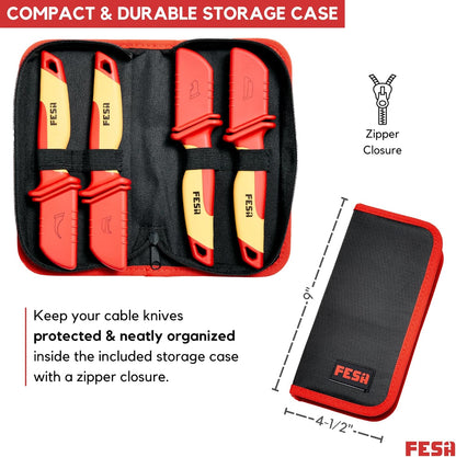4-Piece Insulated Dismantling Cable Knife Set | for Cable & Wire Dismantling, Stripping & Skinning - With a Compact Zippered Storage Case