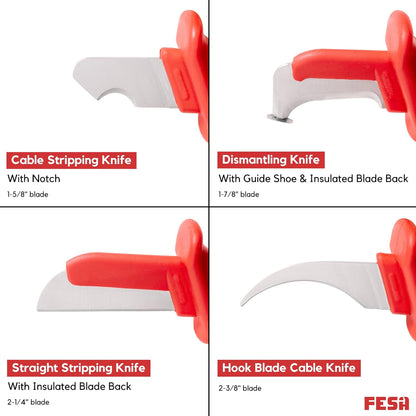 4-Piece Insulated Dismantling Cable Knife Set | for Cable & Wire Dismantling, Stripping & Skinning - With a Compact Zippered Storage Case