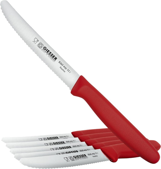 Giesser since 1776, Made in Germany, Serrated kitchen knives round tip dishwasher safe 4.5 inch - Tomato knife, Steak knive set of 6 (Red)