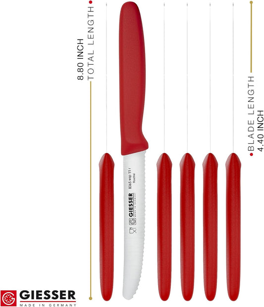 Giesser since 1776, Made in Germany, Serrated kitchen knives round tip dishwasher safe 4.5 inch - Tomato knife, Steak knive set of 6 (Red)
