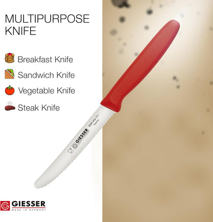 Giesser since 1776, Made in Germany, Serrated kitchen knives round tip dishwasher safe 4.5 inch - Tomato knife, Steak knive set of 6 (Red)