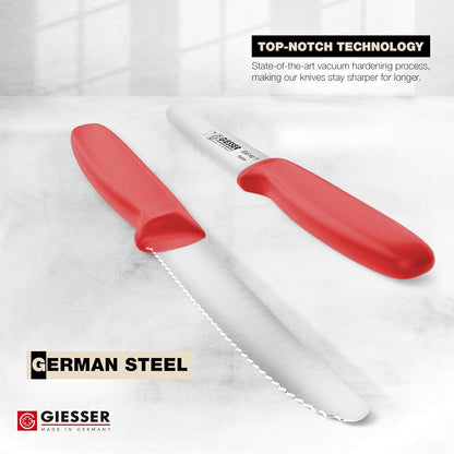 Giesser since 1776, Made in Germany, Serrated kitchen knives round tip dishwasher safe 4.5 inch - Tomato knife, Steak knive set of 6 (Red)